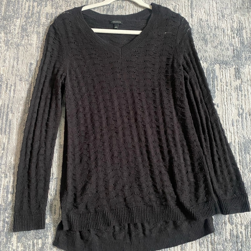 Talbots Black Open-Knit V-Neck Sweater